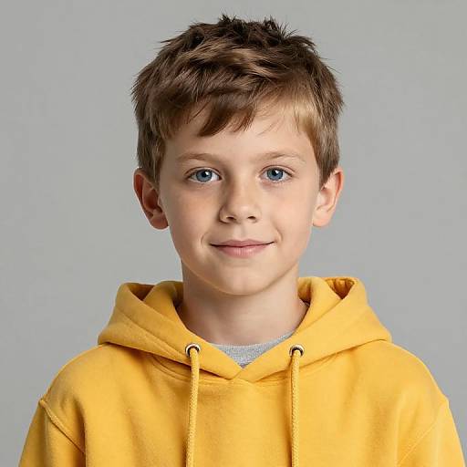 Photograph of a young boy with short brown hair, blue eyes, and a light skin tone, wearing a yellow hoodie, smiling slightly, against a