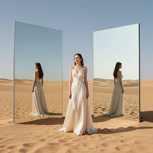 Photograph of a woman in a white, floor-length gown standing in a desert, reflected in two large, modern mirrors. Clear blue sky and golden