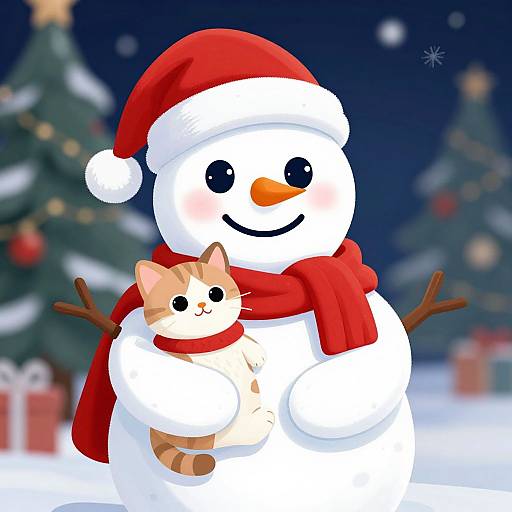 Cartoon snowman with red hat and scarf, holding a smiling orange tabby cat, in a snowy, festive forest background.