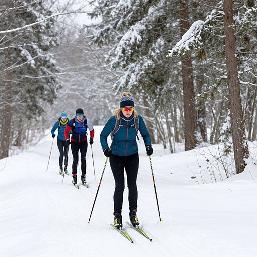 Woman Skiing on Snowy Forest Trail