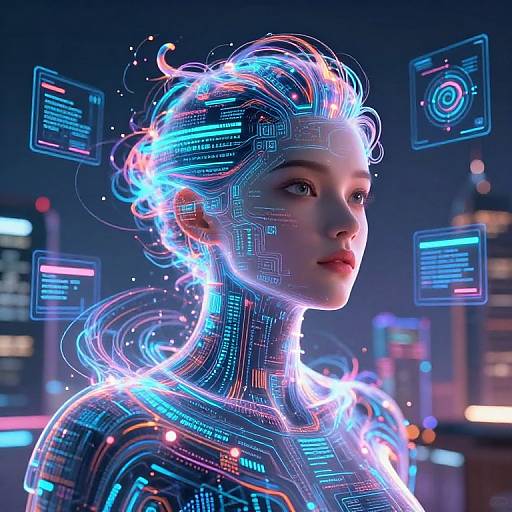 Digital CGI of a glowing, cybernetic woman with neon blue and pink circuitry patterns on her head and shoulders, surrounded by floating holographic screens