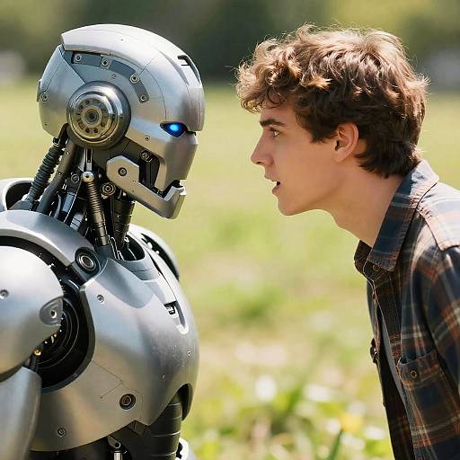 Man Conversing with Futuristic Robot