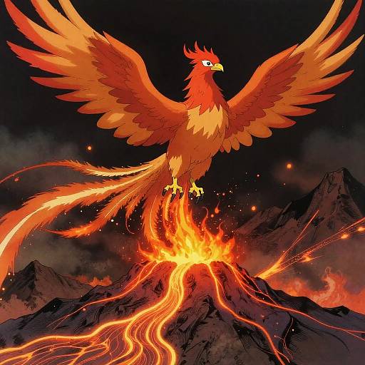 Phoenix Soaring Over Volcanic Mountains