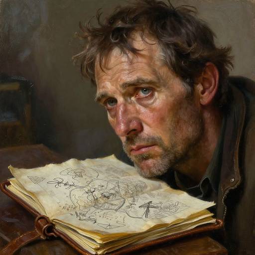 Realistic digital painting of a scruffy, contemplative man with disheveled hair, blue eyes, and a beard, intensely focusing on an open