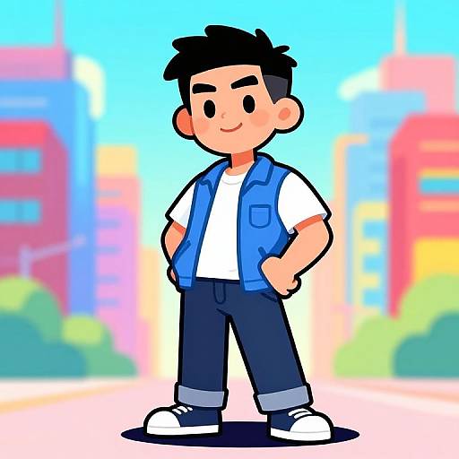 Cartoon-style digital drawing of a smiling boy with black hair, wearing a blue vest, white shirt, dark pants, and white shoes, standing confidently
