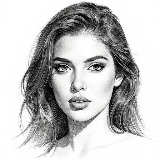 Monochrome digital sketch of a young woman with wavy hair, full lips, and intense eyes, showcasing detailed line work and shading.