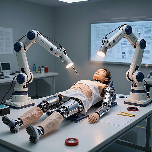 Photograph of a robotic human-like figure on a lab table, surrounded by two adjustable lamps, with medical bandages and a red ring. Laboratory setting