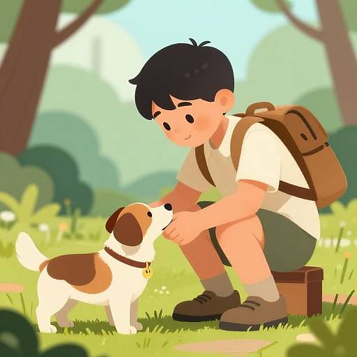 Cartoon-style drawing of a smiling boy with black hair, wearing a white shirt, green shorts, and brown backpack, sitting on a box, pet