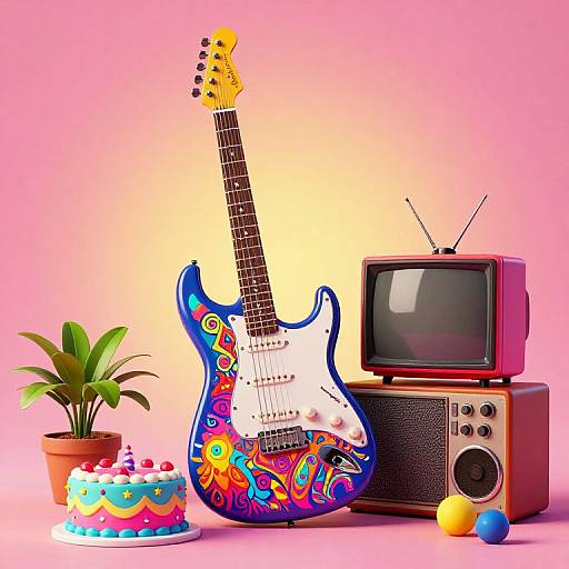 Colorful photograph of a vibrantly painted electric guitar, retro TV with antenna, potted plant, and decorated cake on pink background.