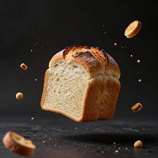 Photograph of a golden-brown, freshly toasted loaf of bread suspended mid-air, with smaller bread crumbs and crumbs floating around it against a dark,