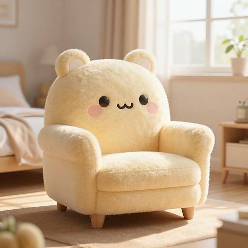 Photograph of a cute, fluffy, beige bear-shaped armchair with black eyes and pink blush in a sunlit, cozy bedroom.