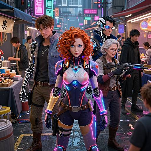 Digital art of a neon-lit futuristic street market featuring a glowing, red-haired woman in a cyberpunk bodysuit, flanked by men and