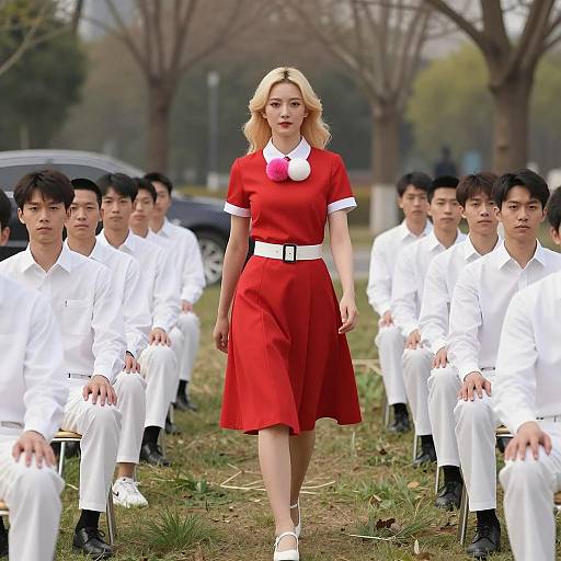 Confident Woman in Red Dress on Path
