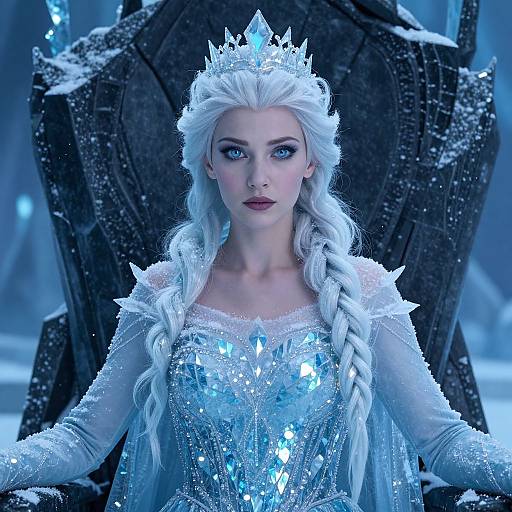 Photograph of a fair-skinned, blue-eyed woman with long white braided hair, wearing a sparkling blue ice queen costume and crown, seated on