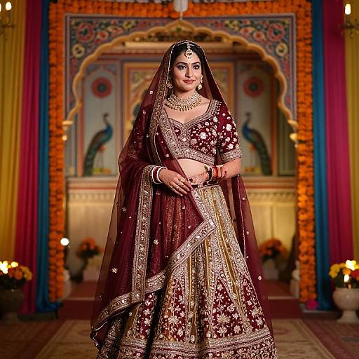 Photograph of a South Asian bride in a maroon, gold-embroidered saree and veil, standing in an ornately decorated hall with