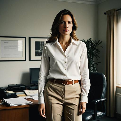 Photograph of a serious, attractive woman with long brown hair, wearing a white blouse and beige pants, standing in a sunlit office with framed certificates