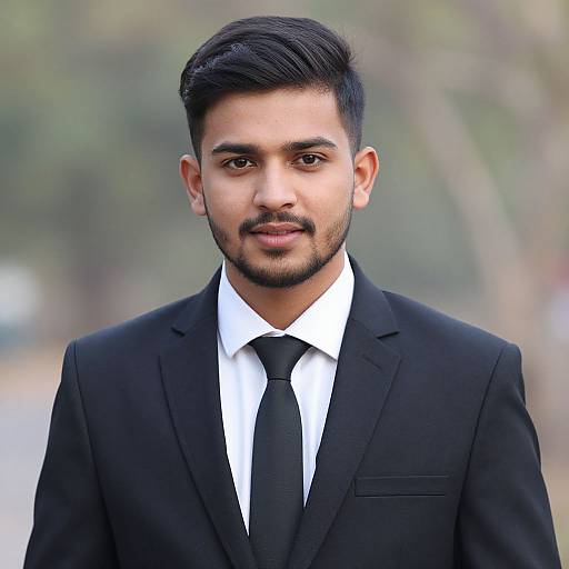 Photograph of a young South Asian man with dark hair, trimmed beard, wearing a black suit, white shirt, and black tie, smiling against a