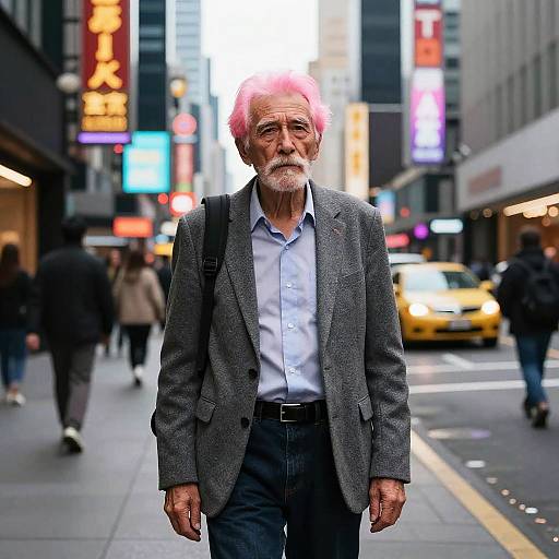 Old Man with Pink Hair in City