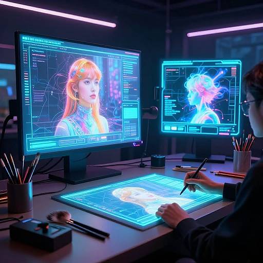 Neon-lit digital artist workspace: person with glasses drawing on glowing tablet, two illuminated monitors displaying vibrant digital portraits, surrounded by tools and a glowing