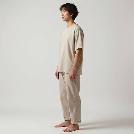 Photograph of an Asian man with short, curly black hair, wearing a plain white t-shirt and beige pants, standing barefoot against a white background