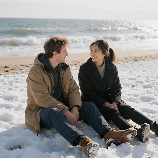 Joyful Moment on a Snowy Beach