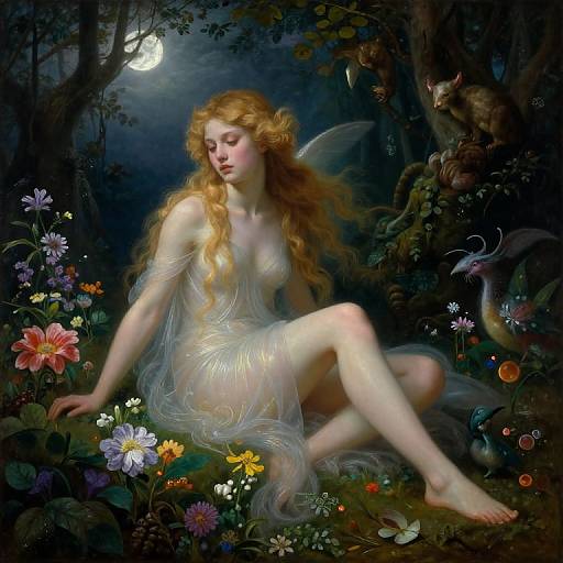 Digital painting of a fair-skinned, red-haired fairy with translucent wings, sitting among colorful flowers under a moonlit forest, with a curious cat and