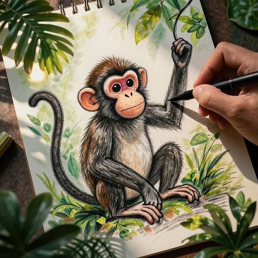 Colorful illustration of a cute, wide-eyed monkey with pink cheeks, holding a leaf, drawn with a pen on a spiral sketchbook, surrounded by