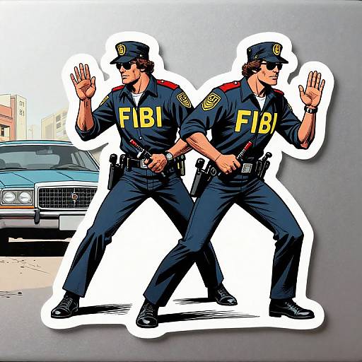 Digital art of two male FBI agents in navy uniforms, badges, and hats, standing back-to-back with hands raised, in front of a blue car