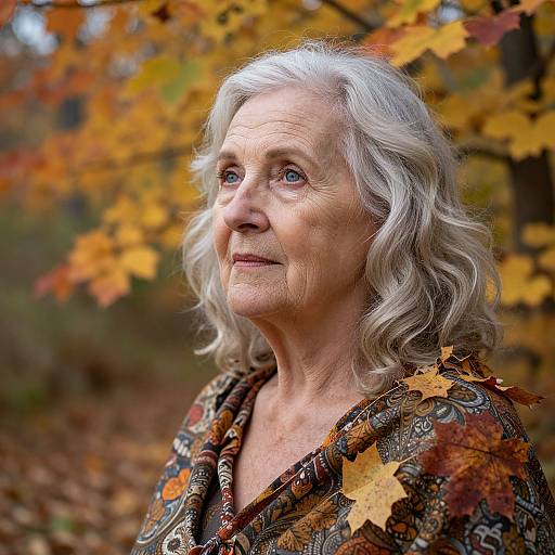 Photograph of an elderly white woman with wavy silver hair, wearing a patterned autumnal shawl, standing among vibrant fall leaves.