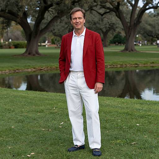Photograph of a middle-aged man with short brown hair, wearing a red blazer, white shirt, white pants, and navy shoes, standing on