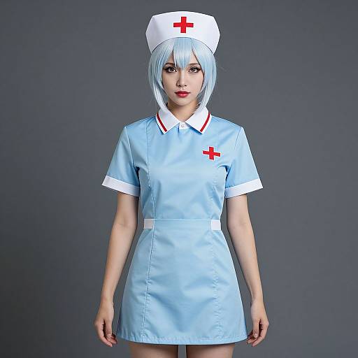 Photograph of a woman in a light blue nurse costume with white trim, red cross emblems, white nurse hat, and silver hair, standing against