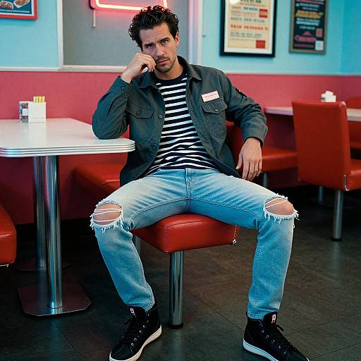 Photograph of a handsome, dark-haired man in a striped shirt and ripped jeans, sitting in a retro diner with neon signs, red booths, and