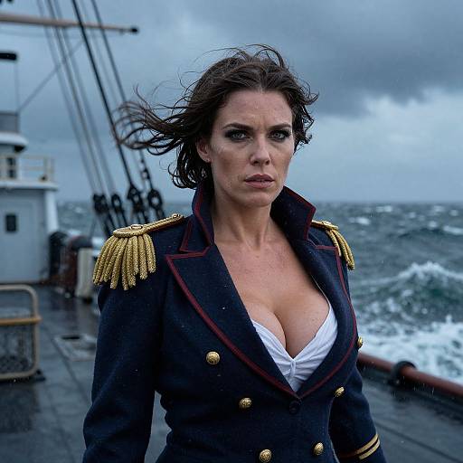 Photograph of a fierce, wind-swept brunette woman in a low-cut, black naval uniform with gold epaulettes, standing on a