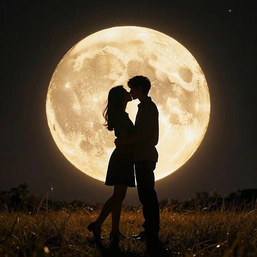 Silhouetted couple kissing against a large, glowing full moon in a grassy field at night, photograph.