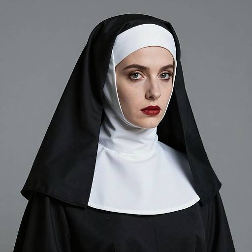 Photorealistic digital portrait of a pale-skinned woman with red lipstick, wearing a black and white nun's habit, against a gray background.