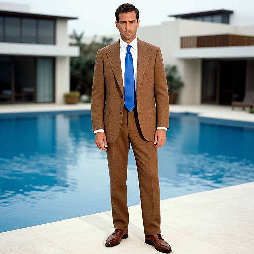 Photograph of a serious-looking man with short dark hair, wearing a brown pinstripe suit, white shirt, and blue tie, standing by a