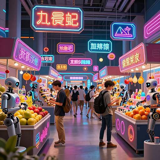 Neon-lit market stall scene in a bustling, futuristic Asian market. Colorful signs, robots, and people browse vibrant fruits and snacks. Photograph
