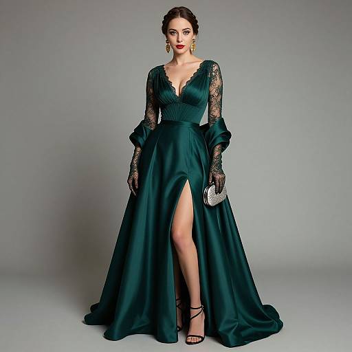 Photograph of a dark-haired woman in a deep emerald green, lace-trimmed gown with a high thigh slit, black lace gloves, and
