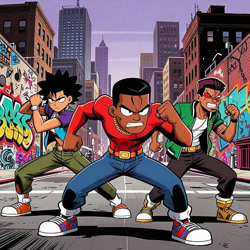 Digital drawing of three anime-style fighters in a graffiti-laden urban alley, striking fierce combat poses against a cityscape backdrop.