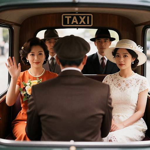 Vintage Taxi Scene with Passengers