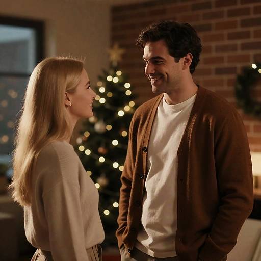 Couple Smiling Near Christmas Tree