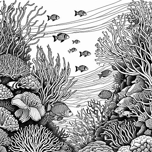 Detailed Black and White Coral Reef Illustration
