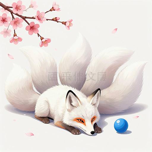 Majestic White Fox with Cherry Blossoms