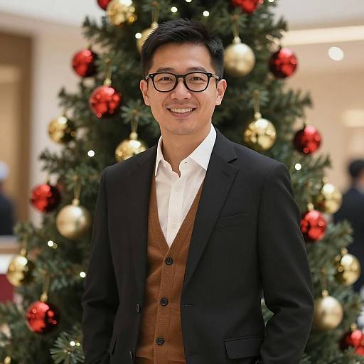 Smiling Asian Man in Semi-Formal Christmas Attire