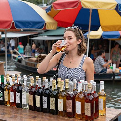 Photograph of a woman in a striped tank top sipping amber liquor from a glass, surrounded by various bottles on a wooden table, under colorful umb