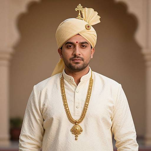 Photograph of a bearded Indian man in traditional white kurta, cream turban with gold embellishment, gold necklace, and bindi, standing