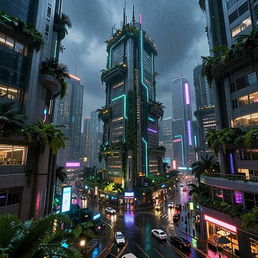 Cyberpunk Cityscape with Lush Greenery