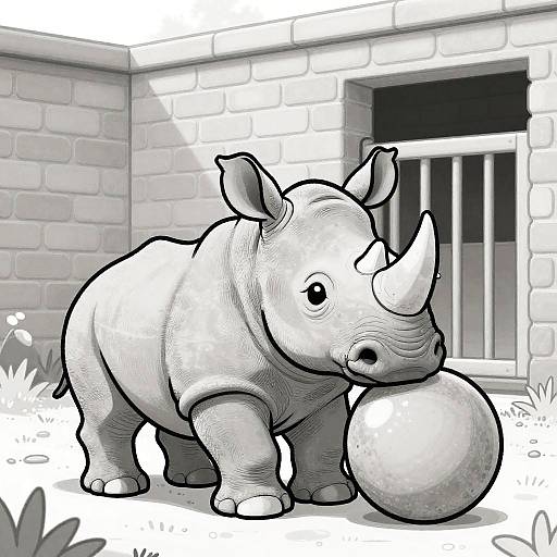 Black-and-white digital drawing of a cute, cartoon-style baby rhino with a prominent horn, standing beside a brick wall and barred window, playfully