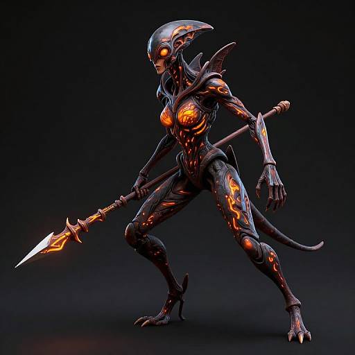 CGI sci-fi alien warrior with glowing orange accents, sharp claws, and a spear; dark metallic armor, muscular build, poised stance, black background