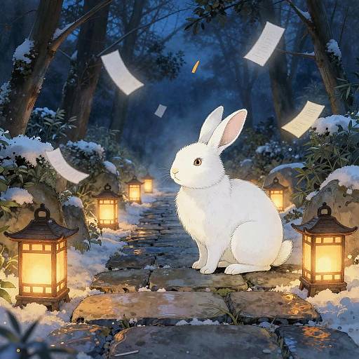 Mystical White Hare on Snowy Stone Path